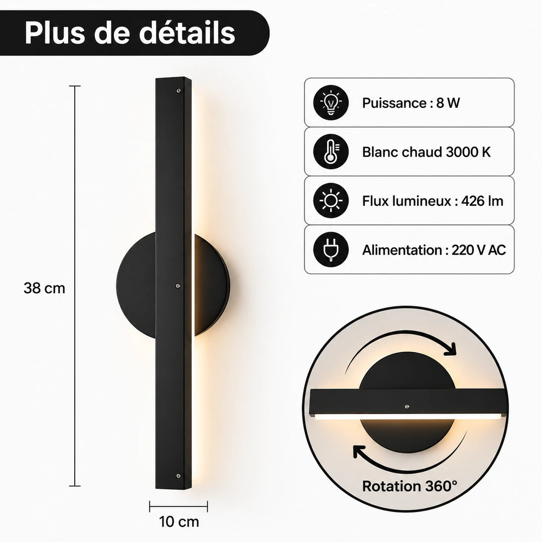 Applique Murale LED Orientable 360° | Noir ou Blanc