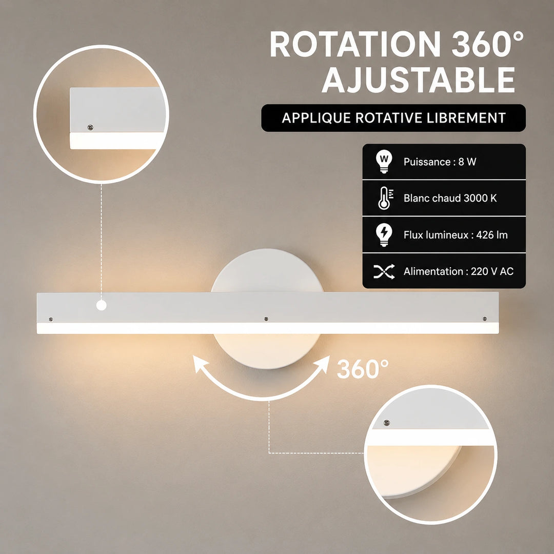 Applique Murale LED Orientable 360° | Noir ou Blanc