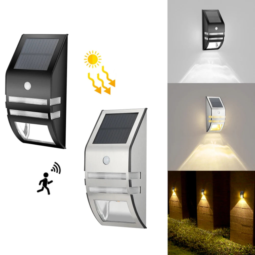 Applique murale solaire LED Luminaire Essenza avec détection de mouvement et design épuré, installée sur un mur extérieur.