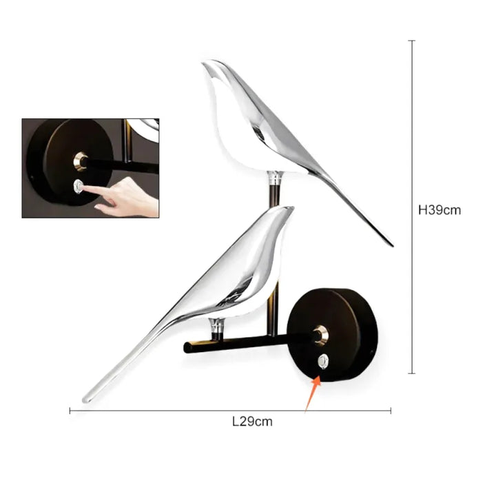 Applique murale Luminaire Essenza avec interrupteur LED rotatif 360°, design oiseau double argent, bouton intelligent blanc naturel.