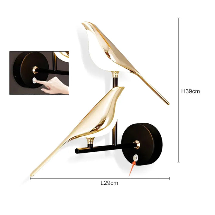 Applique murale LED avec interrupteur rotatif 360° et motif oiseau, finition double or, lumière blanche naturelle, bouton intelligent.