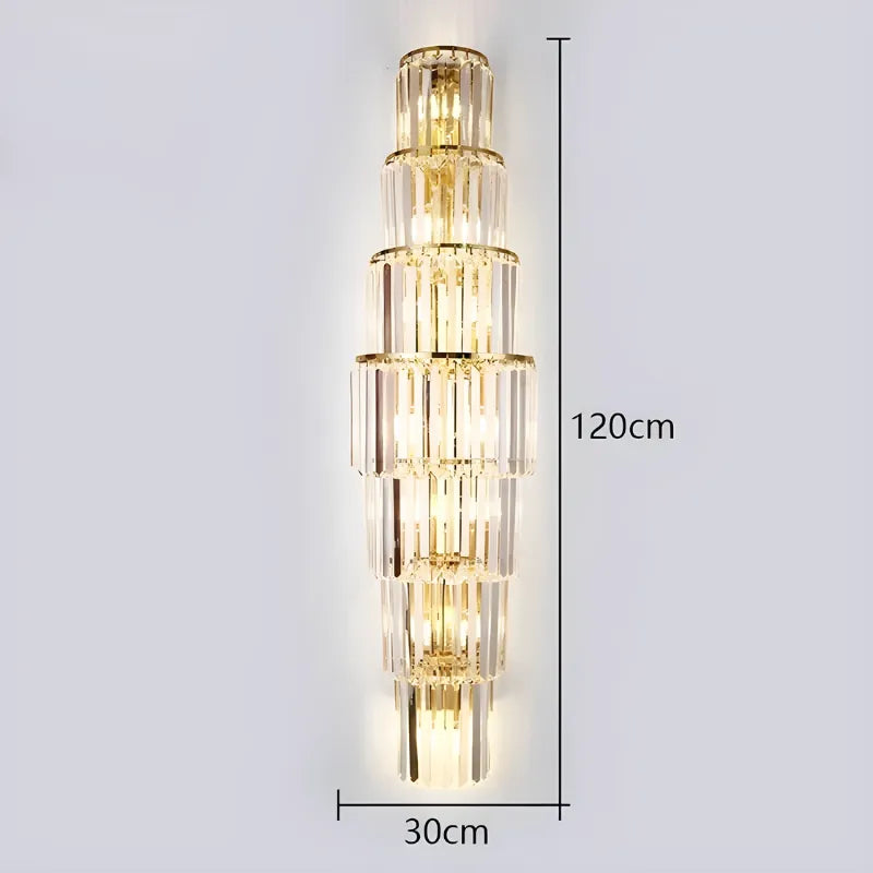 Applique murale en verre cristal blanc chaud, design moderne haut de gamme pour salon ou hôtel de luxe, 120 cm, marque Luminaire Essenza.