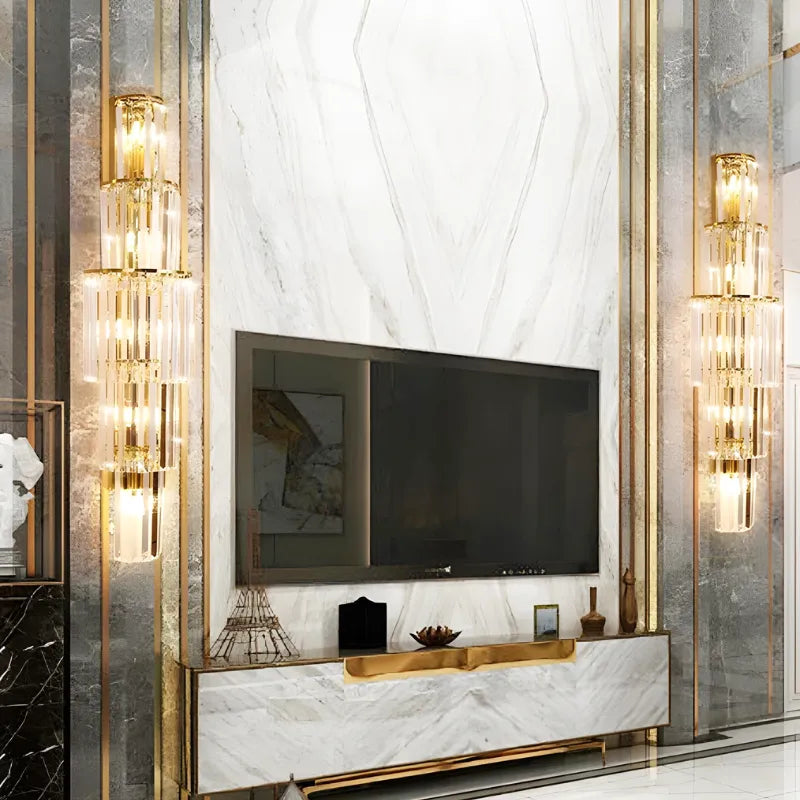 Applique murale en cristal de verre haut de gamme, design moderne pour salon ou hôtel, blanc chaud, 80 cm, Luminaire Essenza.