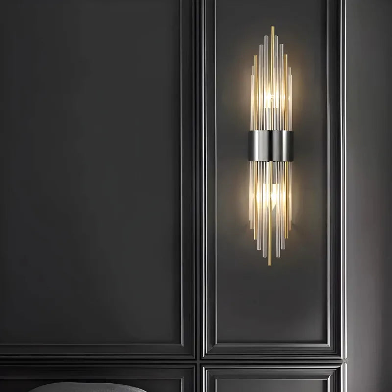 Applique murale en cristal blanche avec tige métallique pour salon, modèle à or, éclairage blanc froid 5500-7000K, Luminaire Essenza.