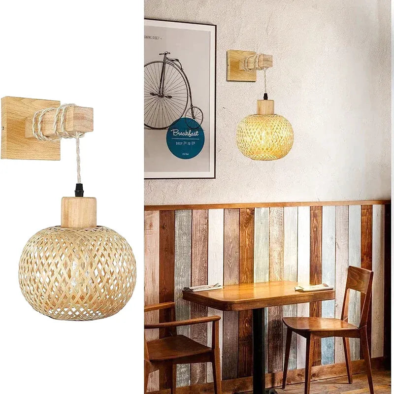 Applique murale en bambou et rotin naturel, design en bois pour une ambiance chaleureuse et écologique.