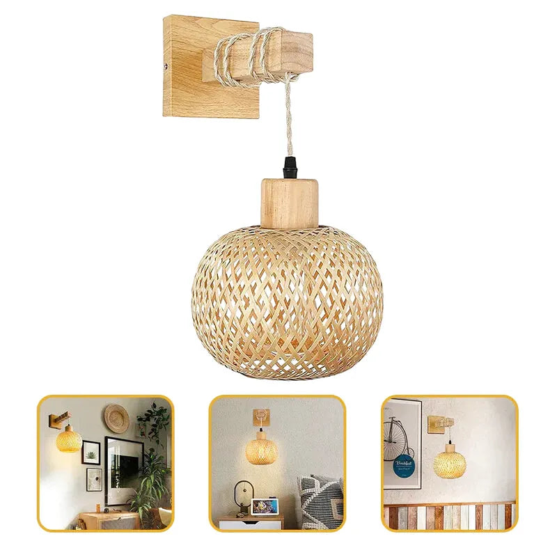 Applique murale en bambou et rotin naturel, design écologique, éclairage doux, cadre en bois pour décoration intérieure chaleureuse.