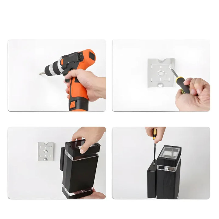 Applique murale extérieure LED étanche Luminaire Essenza avec design cuboïde triple, lumière blanche chaude, idéale pour décoration extérieure.
