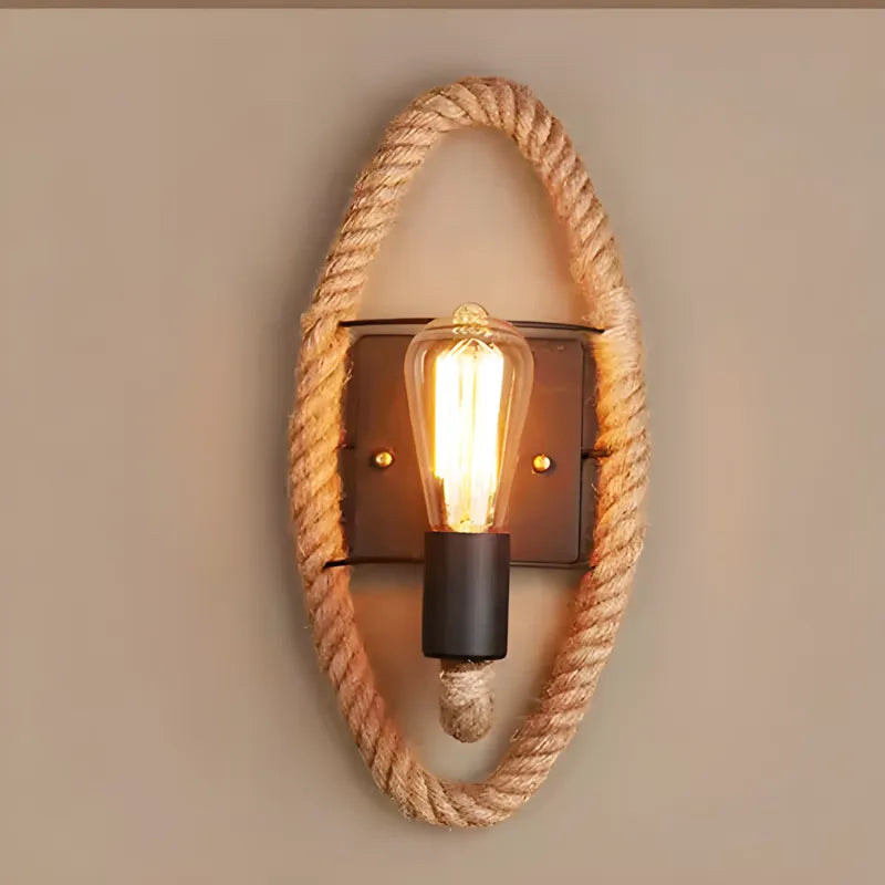 Applique murale industrielle vintage en corde de chanvre, design ellipse, éclairage décoratif pour intérieur.