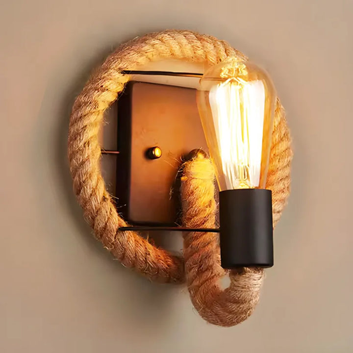 Applique murale industrielle vintage en corde de chanvre Luminaire Essenza, design ellipse, éclairage mural rustique.