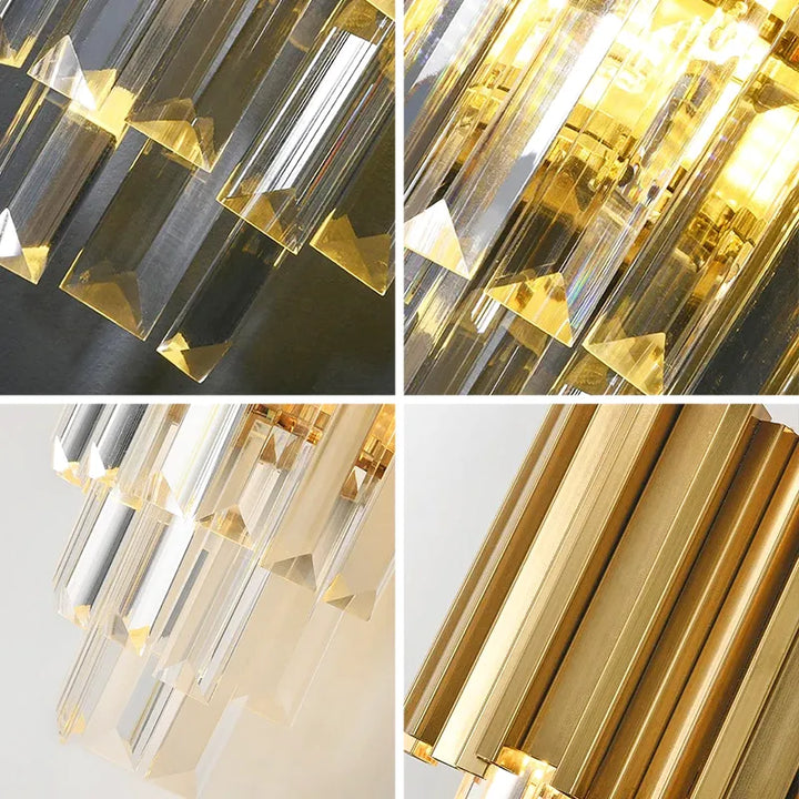 Applique murale LED en cristal moderne pour salon, design haut de gamme, finition or et blanc chaud, élégance et luminosité.