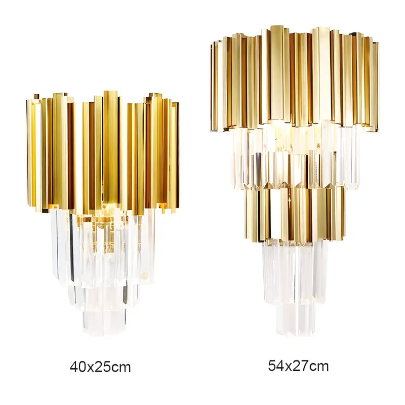 Applique murale LED en cristal moderne pour salon, finition or avec lumière blanc chaud, design haut de gamme Luminaire Essenza