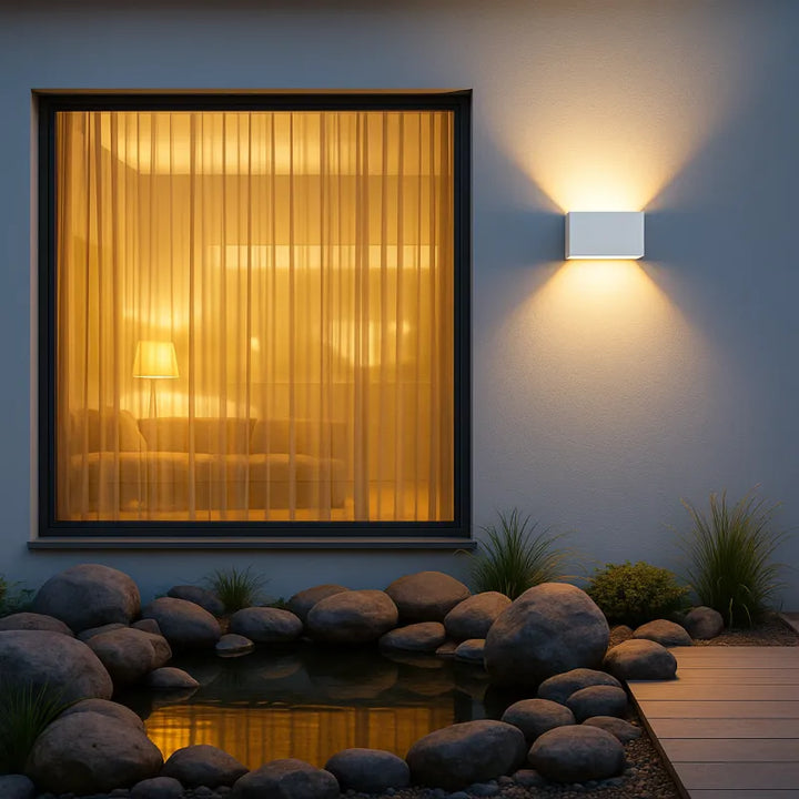 Applique murale LED noire au design nordique minimaliste, rectangulaire, 20 cm, lumière blanc chaud 2700-3500K.