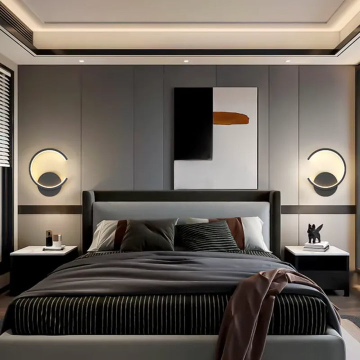 Applique murale LED design nordique moderne Demi-Cercle noir et blanc, éclairage froid, pour décoration intérieure élégante.