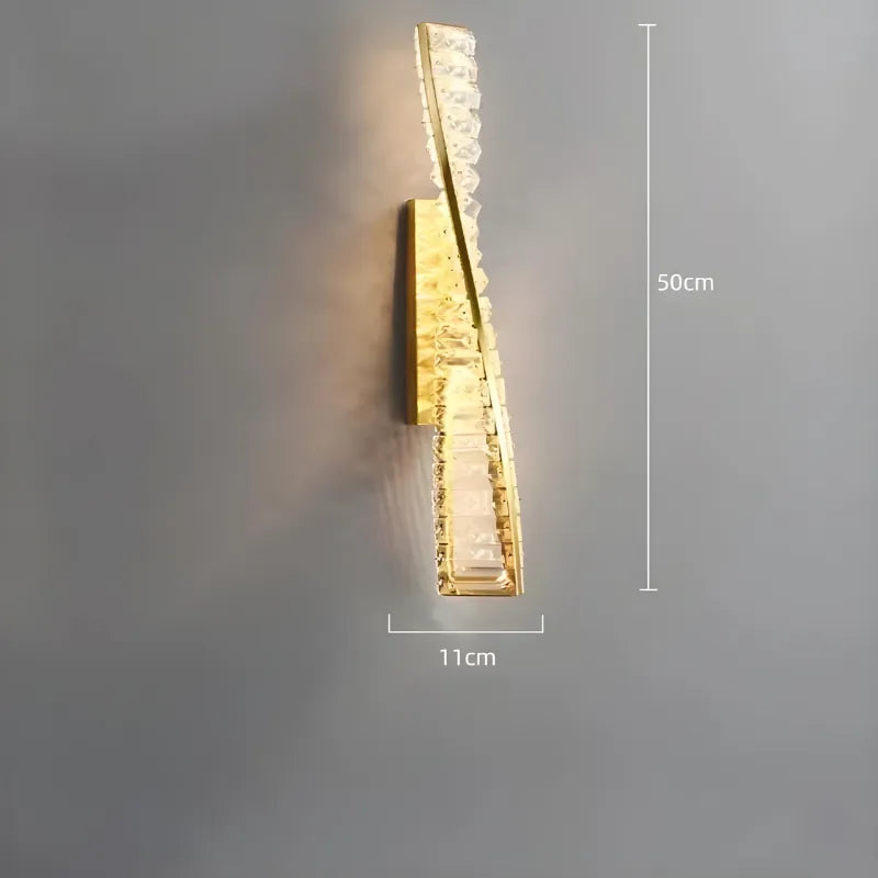 Applique murale LED dorée avec éclats de cristal, design moderne, 50 cm, lumineux blanc naturel 4200K, décoratif haut de gamme.