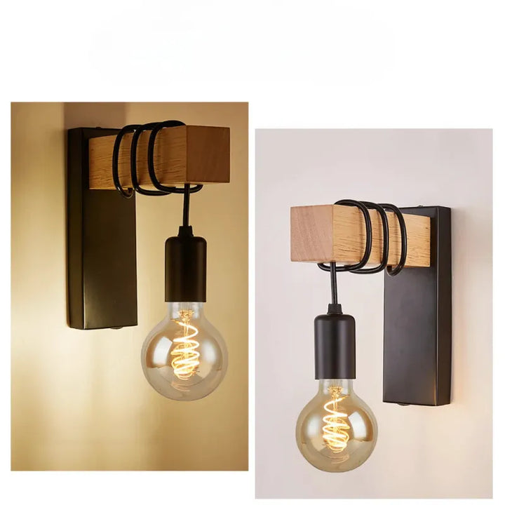 Applique murale nordique minimaliste en bois et fer noir, design élégant pour décoration intérieure moderne.