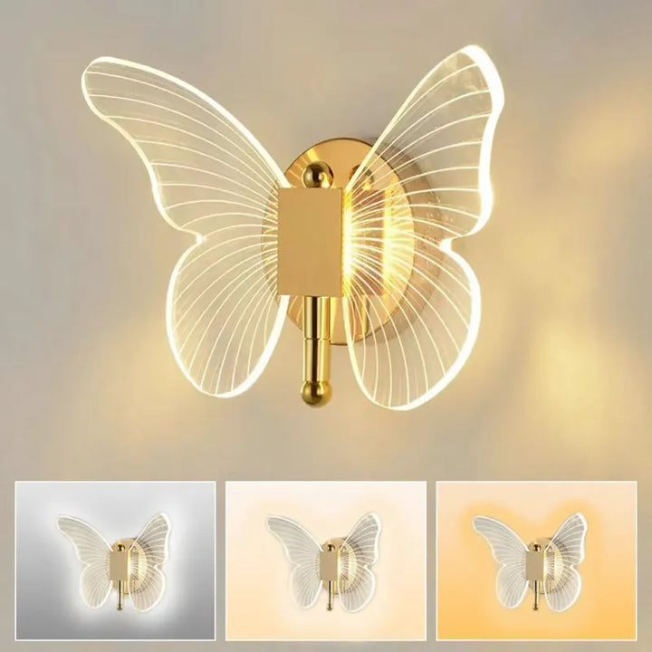 Applique murale papillon LED en métal et acrylique, avec trois couleurs, design moderne et élégant pour décoration intérieure.