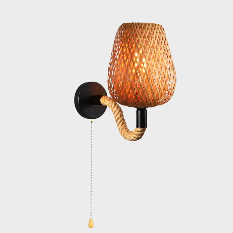 Applique murale rétro Luminaire Essenza en bambou, rotin et corde de chanvre, avec interrupteur, style naturel beige et noir