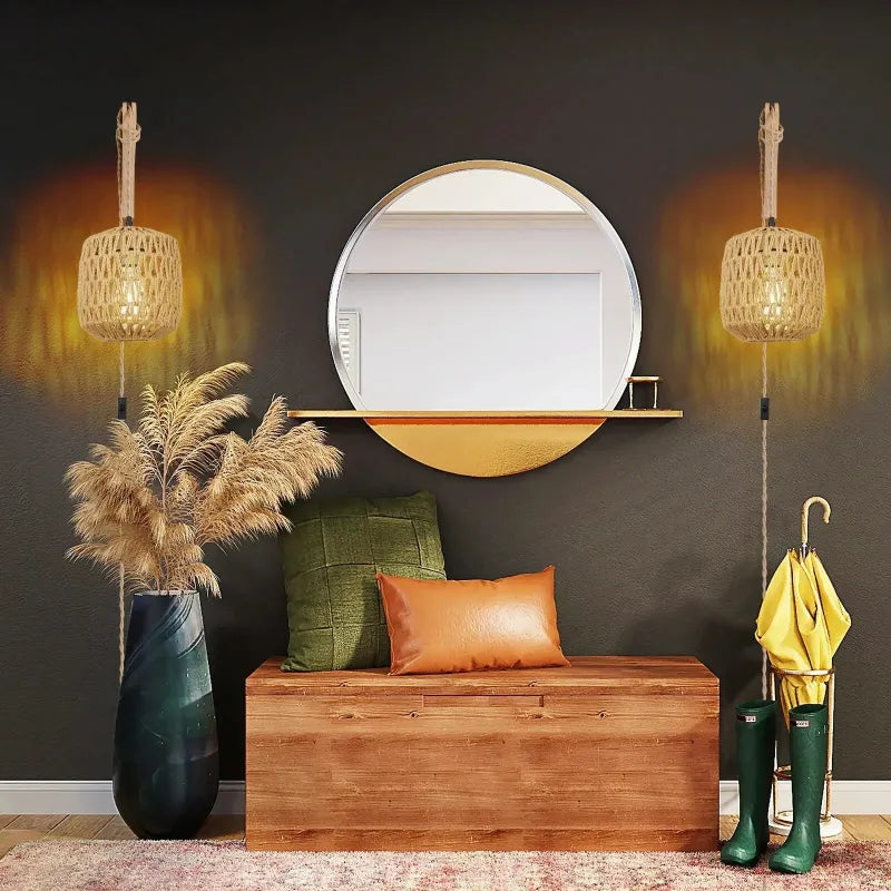 Applique murale rétro en rotin et corde de chanvre avec cadre en bois, éclairage vintage pour décoration intérieure.