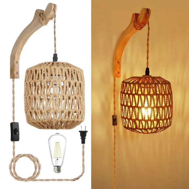 Applique murale rétro en rotin et corde de chanvre avec cadre en bois, éclairage doux et design naturel pour décoration intérieure.