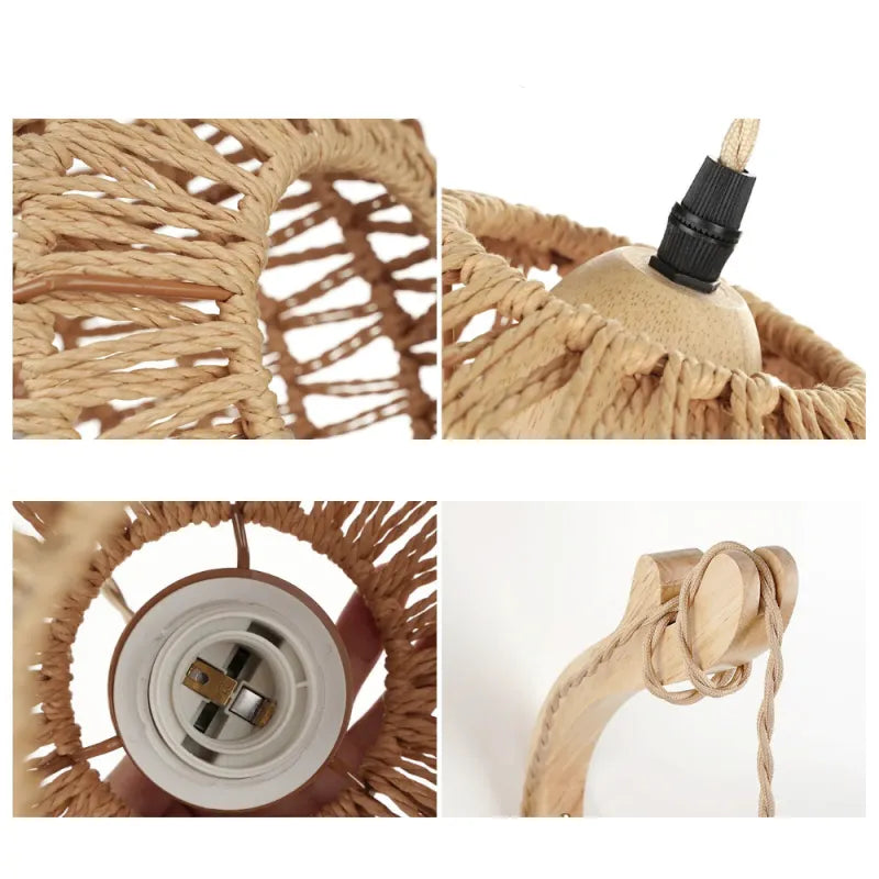 Applique murale rétro en rotin et corde de chanvre, avec cadre en bois, dans un style vintage et artisanal.